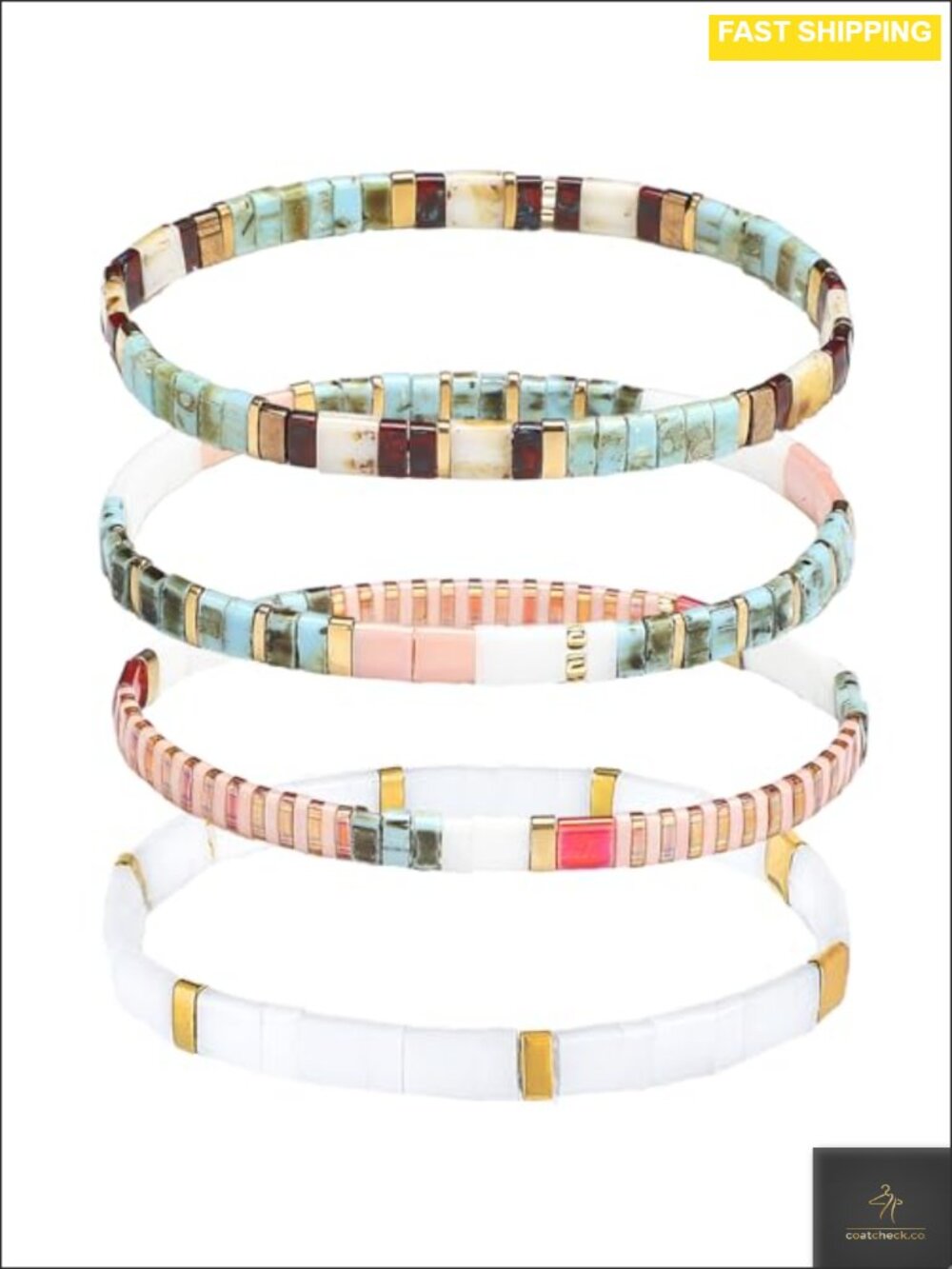 Flat Beaded Stretch Boho Bracelet Set Glass Multicolor 6.5 in